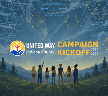 United Way of Indiana County Campaign Kickoff 2026–2027 promotional graphic featuring six children looking at a star-filled sky with constellation patterns overhead.